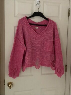 POL Fuchsia Distressed V-Neck Sweater